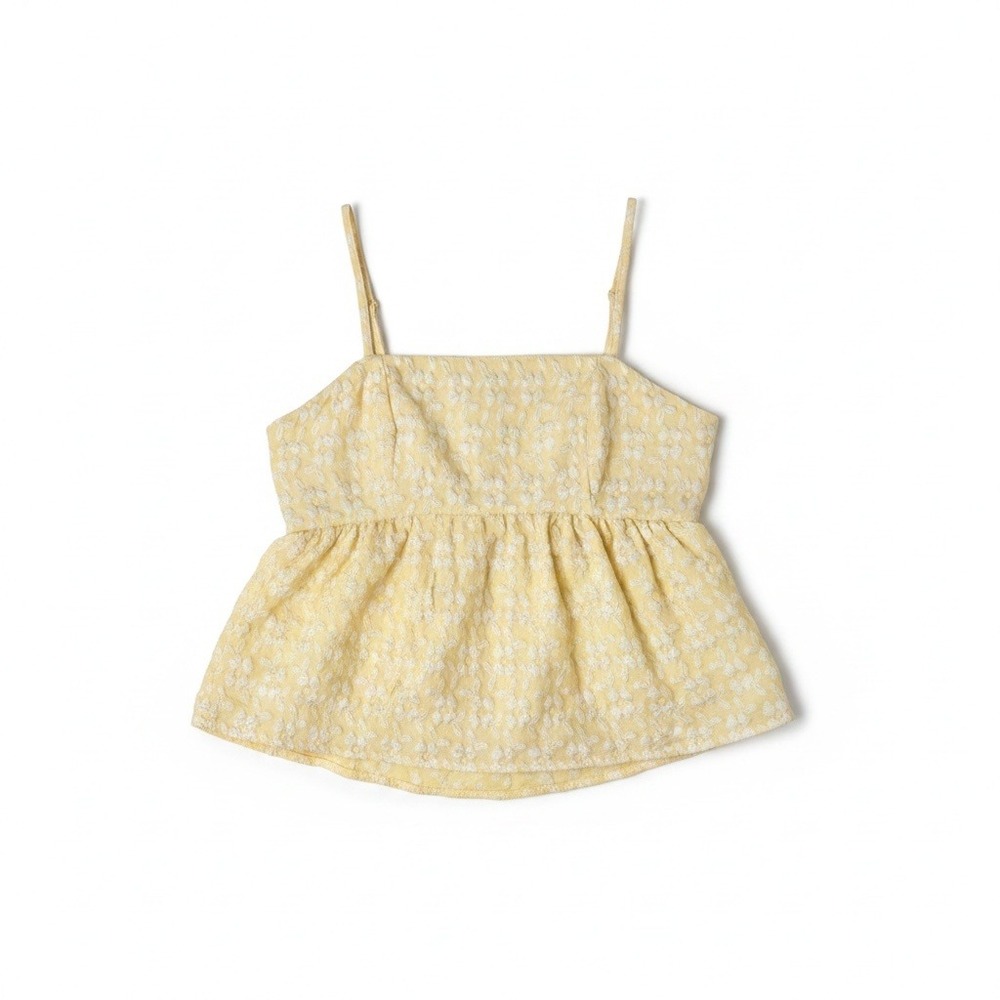 Yellow Floral Jacquard Babydoll Peplum Cami Tank Top M Coquette